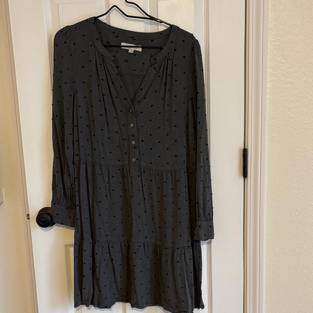LOFT Charcoal Long Sleeve Dress with Dots